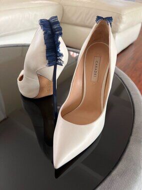 Casadei white leather pumps with navy blue heels